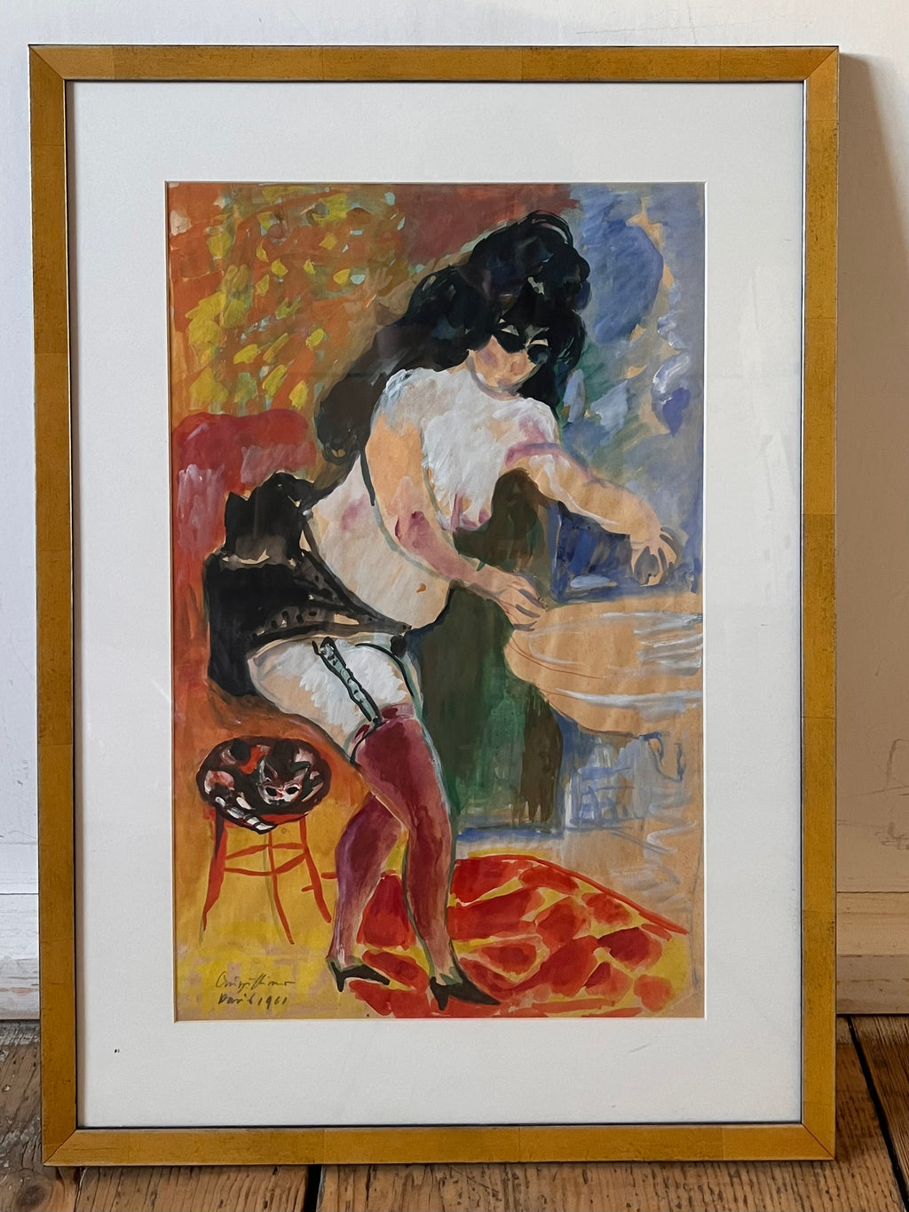 Werner Augustiner: Gemälde (Gouache auf Papier) "Prostituierte beim Händewaschen mit Katze", signiert und datiert, Paris 1961, verglast und gerahmt