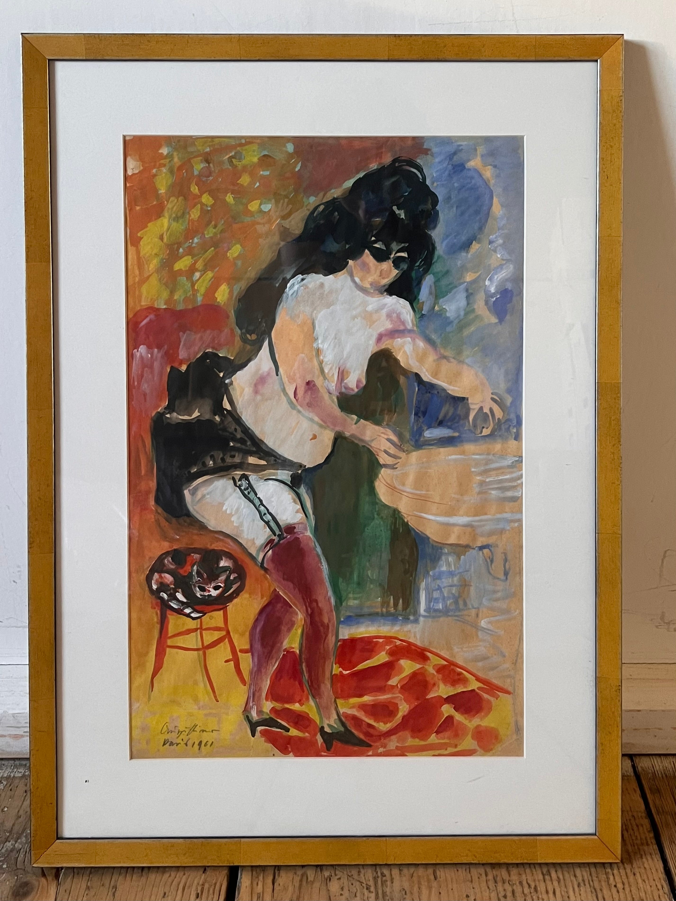 Werner Augustiner: Gemälde (Gouache auf Papier) "Prostituierte beim Händewaschen mit Katze", signiert und datiert, Paris 1961, verglast und gerahmt