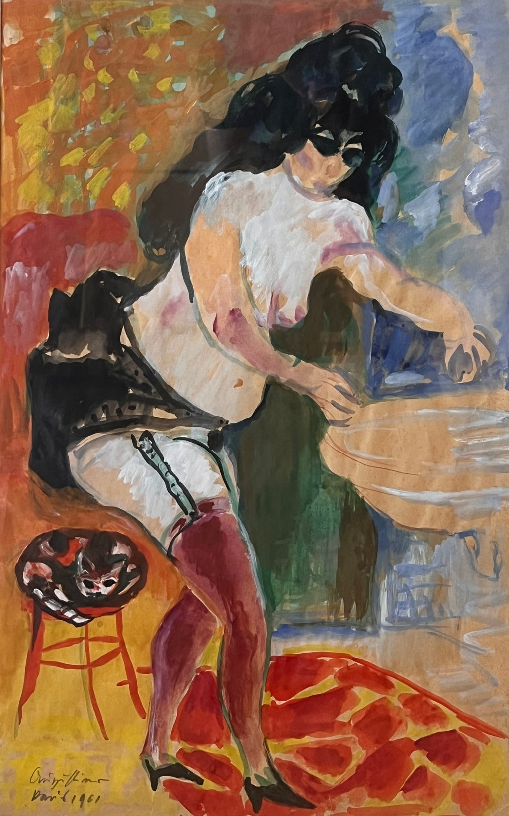 Werner Augustiner: Gemälde (Gouache auf Papier) "Prostituierte beim Händewaschen mit Katze", signiert und datiert, Paris 1961, verglast und gerahmt