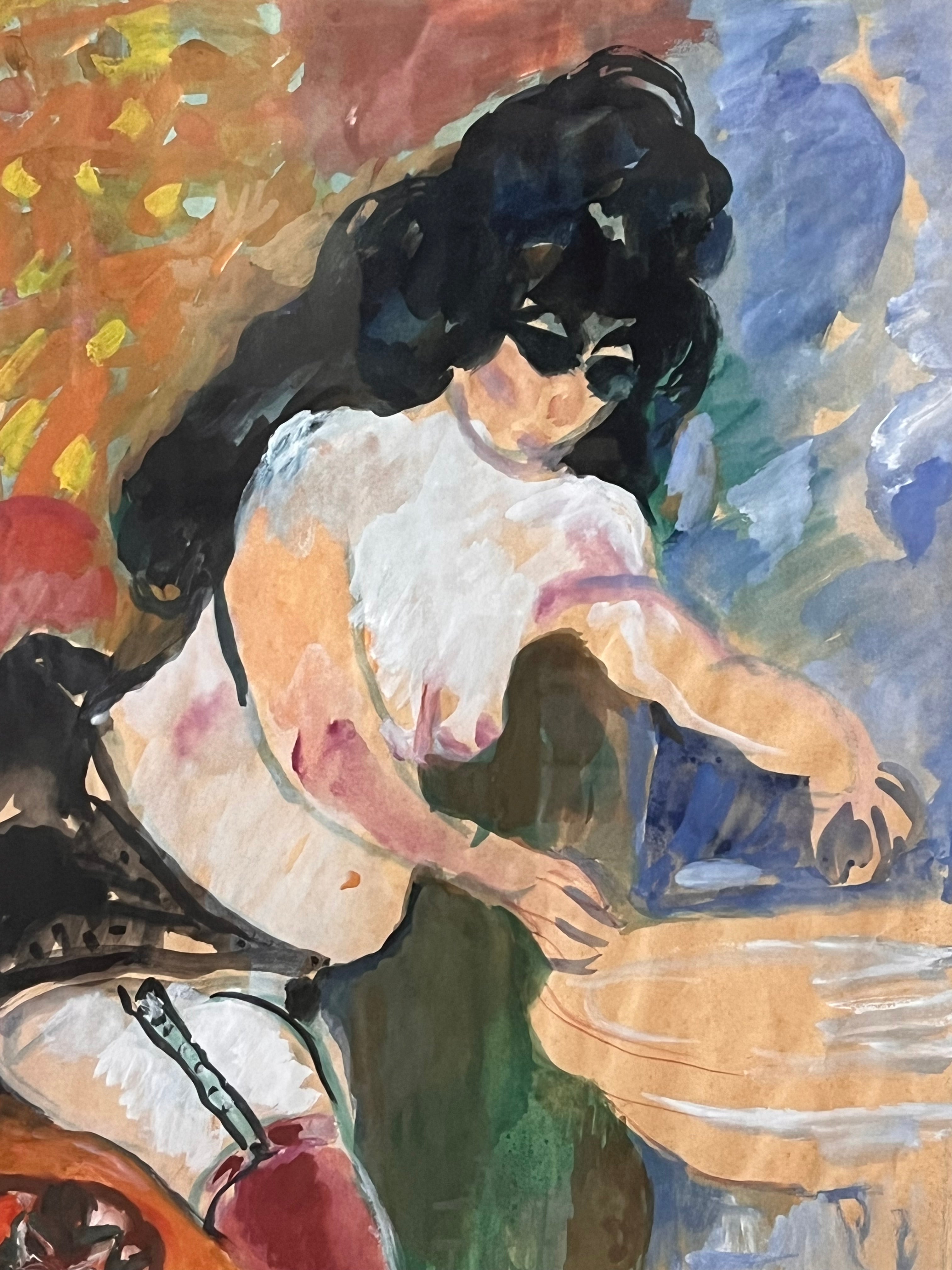Werner Augustiner: Gemälde (Gouache auf Papier) "Prostituierte beim Händewaschen mit Katze", signiert und datiert, Paris 1961, verglast und gerahmt
