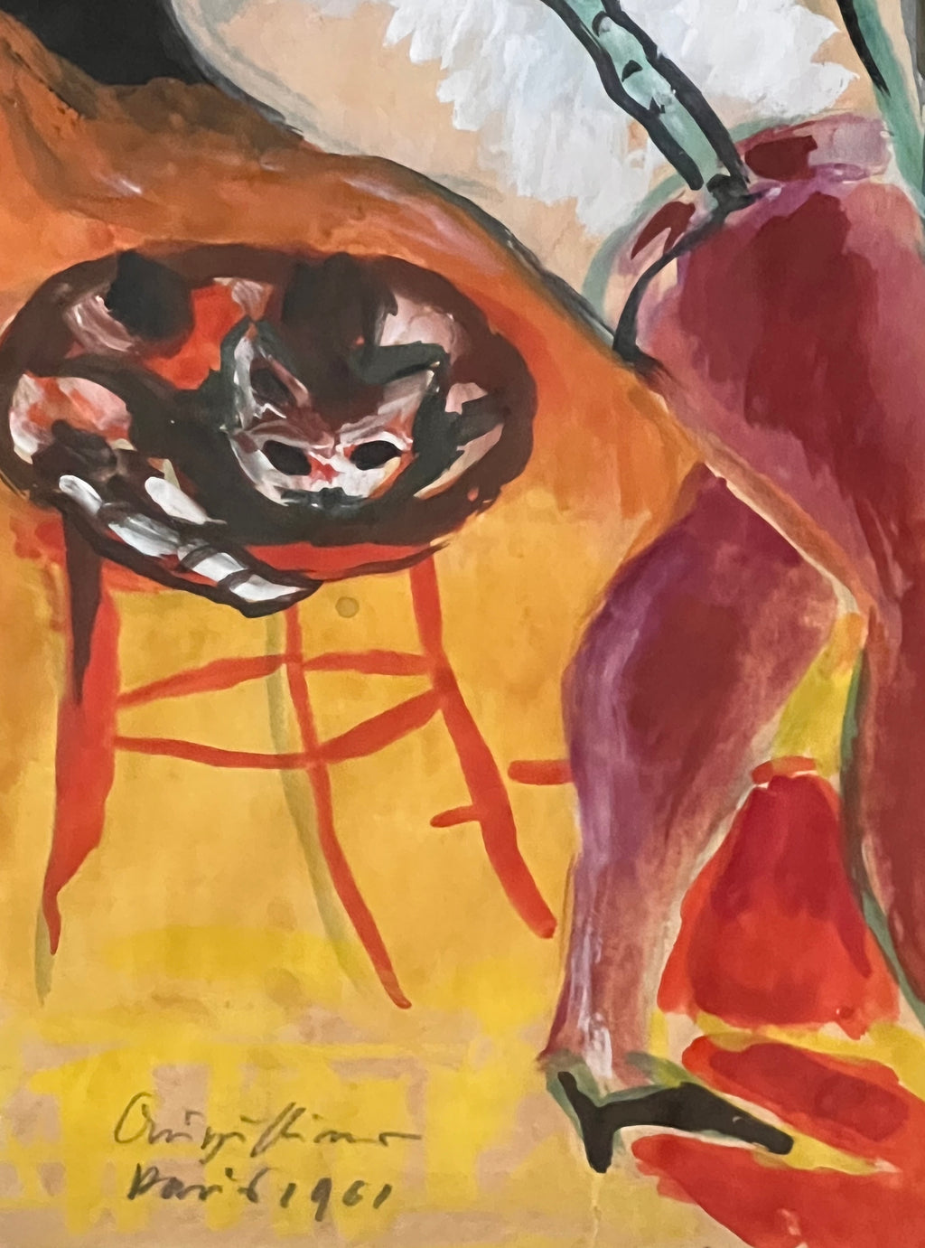 Werner Augustiner: Gemälde (Gouache auf Papier) "Prostituierte beim Händewaschen mit Katze", signiert und datiert, Paris 1961, verglast und gerahmt