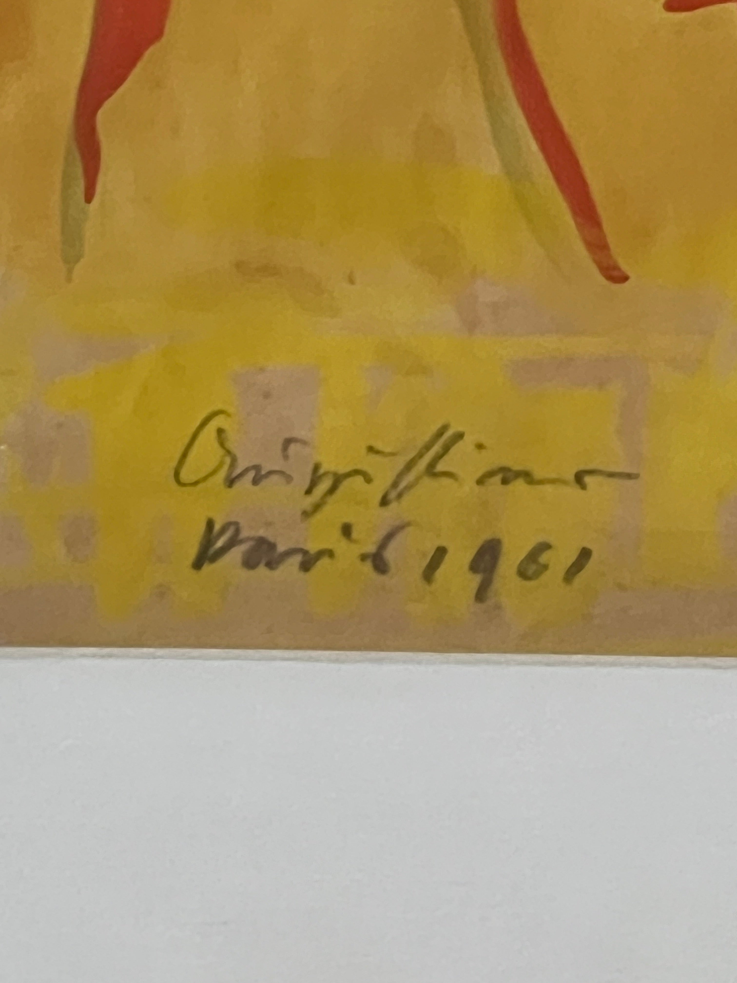 Werner Augustiner: Gemälde (Gouache auf Papier) "Prostituierte beim Händewaschen mit Katze", signiert und datiert, Paris 1961, verglast und gerahmt