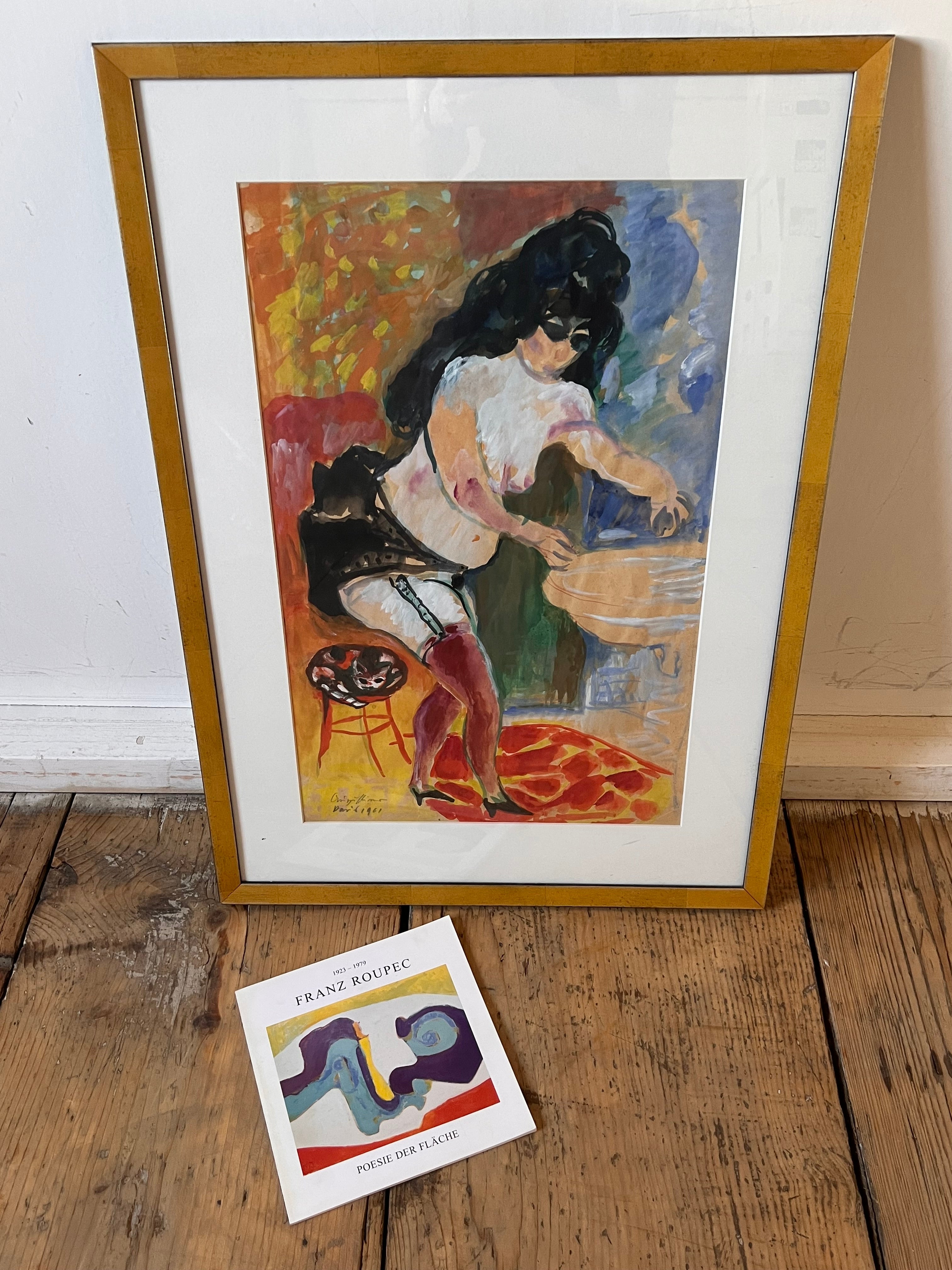 Werner Augustiner: Gemälde (Gouache auf Papier) "Prostituierte beim Händewaschen mit Katze", signiert und datiert, Paris 1961, verglast und gerahmt