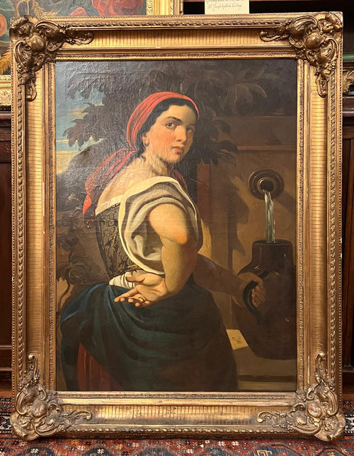 Großes Gemälde Öl auf Leinwand "Süditalienerin am Brunnen", schöner vergoldeter Rahmen, signiert "Rocco", um 1860