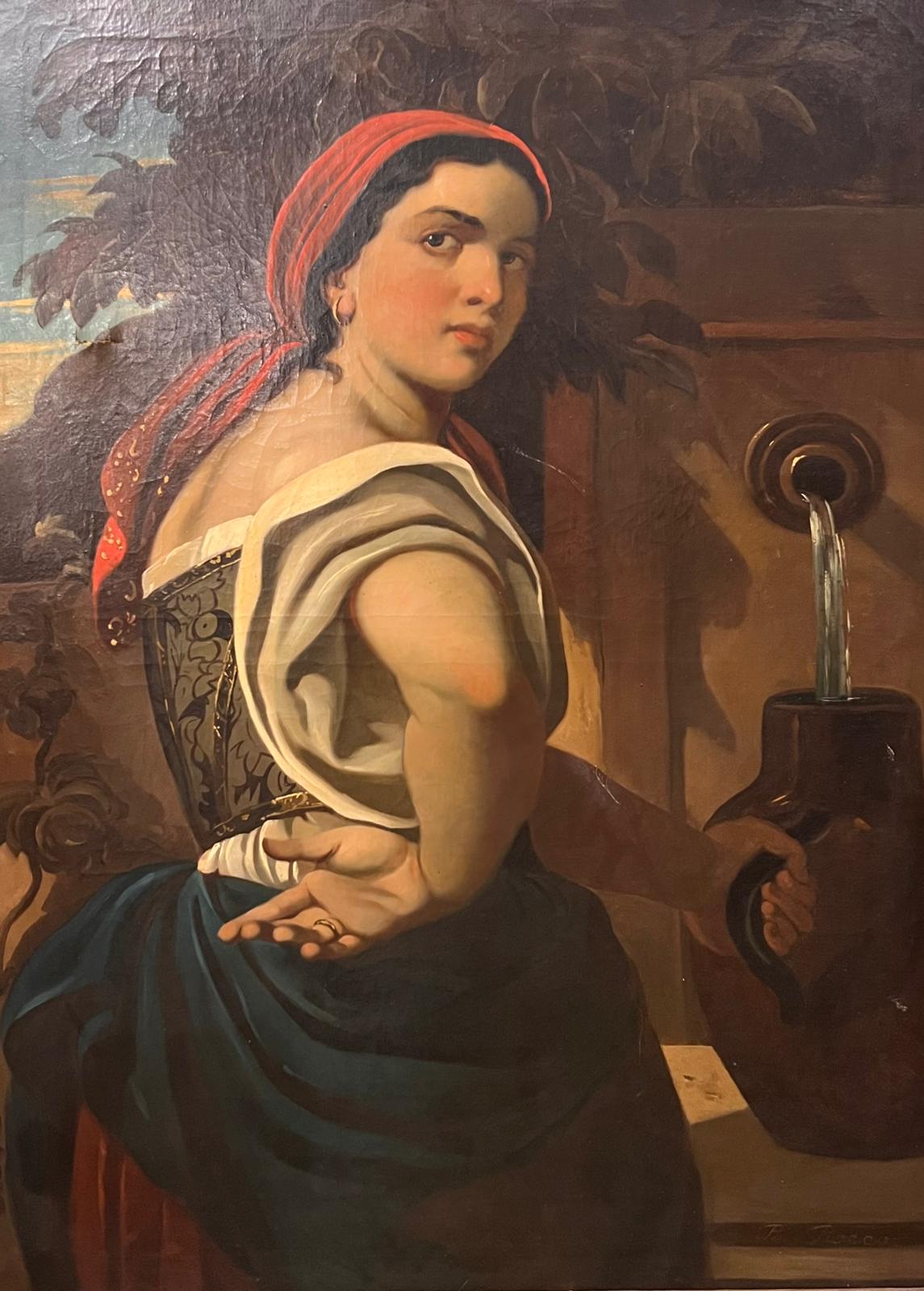 Großes Gemälde Öl auf Leinwand "Süditalienerin am Brunnen", schöner vergoldeter Rahmen, signiert "Rocco", um 1860